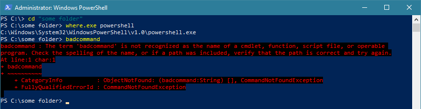 PowerShell example commands and an error